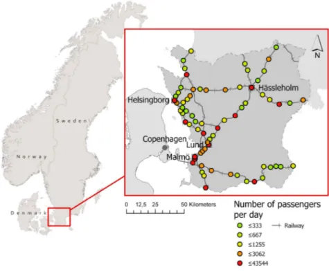 Figure 1. Map of the Scania region and rail network together with number of passengers per day per station in 2017