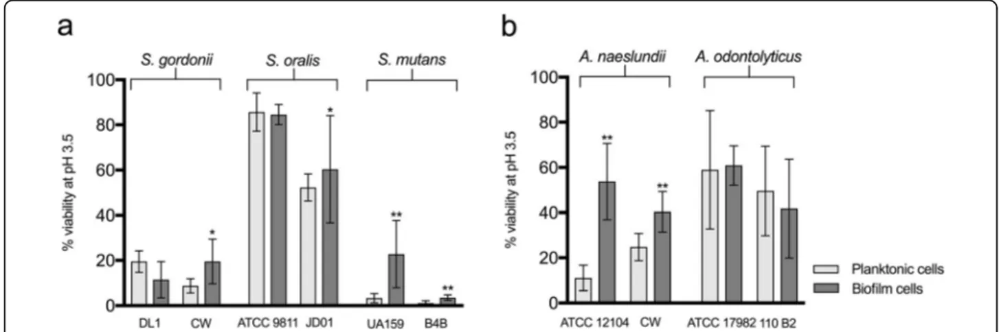 Fig. 1 Comparison of the acid tolerance of different streptococcal (a) and Actinomyces (b) strains in planktonic culture and biofilms on uncoated surfaces