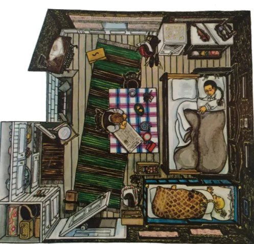 Illustration av Ann-Marie Gelotte ur boken Tyra i 10:an som illustrerar hur Tyra och hennes föräldrar Ida  och Herman levde i portvaktsrummet