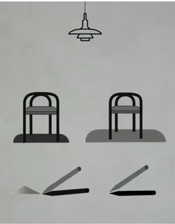 Figur 5: illustration af refraktion og  Figur 4: illustration af skygger. Øverst fra venstre: Hård skygge, blød skygge, lille skygge med hånd skygge og lille skygge