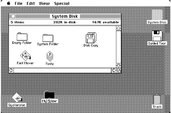 Figur 3: GUI’t från Apples ”Macintosh” skrivbord från 1984 – Den första kommersiellt framgångsrika  persondatorn med ett GUI [Med tillåtelse att publiceras från http://toastytech.com/guis/mac11deskicons.gif.] 
