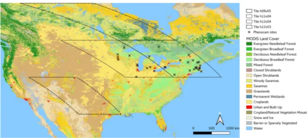 Figure 1. Map of four MODIS tiles and 47 near-surface PhenoCam sites used in the analysis