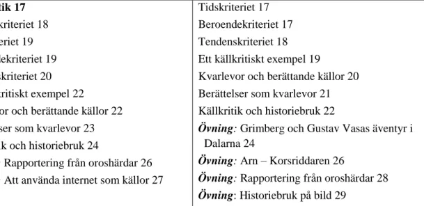 Tabell 3: Rubriker och underrubriker i de inledande teoretiska kapitlen i historieläroböckerna 