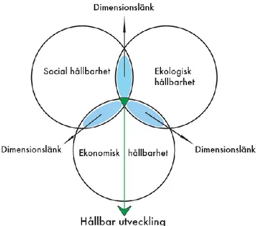 Figur 2: Tripple Bottom Line modellen visar de tre  hållbarhetsdimensionerna 