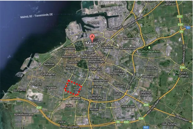 Figure 1: Malmö and the  neighborhoods of Holma and Kroksbäck (marked red)            (source: https://maps.goog le.de/maps?hl=de&amp;tab=ll )  