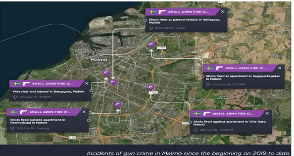 Figure 1. Incidents of gun crime in Malmö since Jan 2019 to April 2019.   Source: Harrington (2019) Intelligence Fusion website 2020  