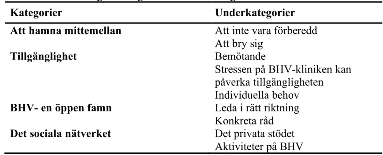 Tabell 1. Beskrivning av kategorier och underkategorier.  