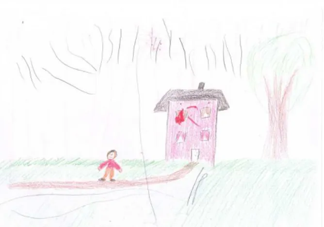 Illustration 4: Nadia förklarar vattnets kretslopp.   Det långa vertikala strecket symboliserar hur   regnet avdunstar och de horisontella strecken på   gräset symboliserar avrinningen