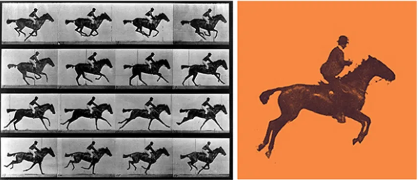 Figur 5. Jockey on a galloping horse, 1887 av Eadweard Muybridge och detalj med häst och ryttare från ett av  omslagen i Serien om Stina Pilgren