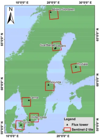 Figure 1. Study area with location of flux sites and corresponding Sentinel-2 tiles.  Figure 1