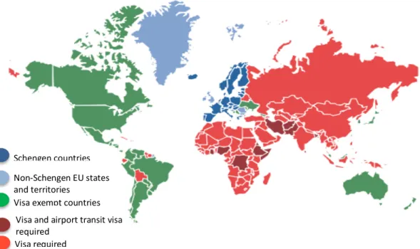 Figure 2: Schengen visa policy map. (Source: EC, 2018d, my legend) 