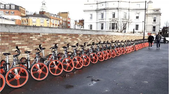 Figure 1: Mobike dockless bikes in Islington, London. Source: Wu, 2017 