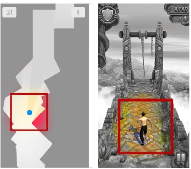 Figure 11: Pattern &#34;Protagonist&#34; example. Source: The Line Zen (left) - The blue ball is the main actor in the game