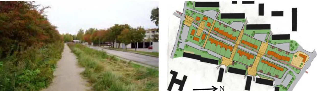 Figure 18 (left): The Bokelundsvägen street´s sides; greenery and separated paths, increasing the feeling of insecurity in the area