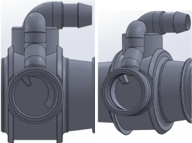 Figure 5: Current design of the part of the afterload that this work focuses on. The knob (not in picture) adjusts the coverage of the half moon shaped narrowing to control the flow resistance through it.