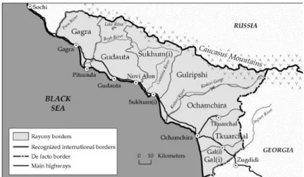Figure 6: Map of Abkhazia and its rayony (districts), and Zugdidi on  the other side of the border  