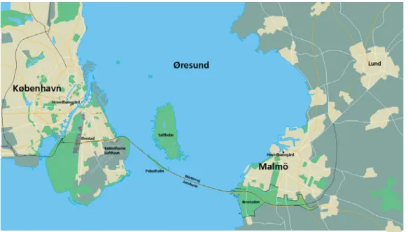 Figur 1. Öresundsintegrationen flyttar centrum mot södra Öresund  Vi bygger denna förutsägelse på fyra utvecklingstrender: 