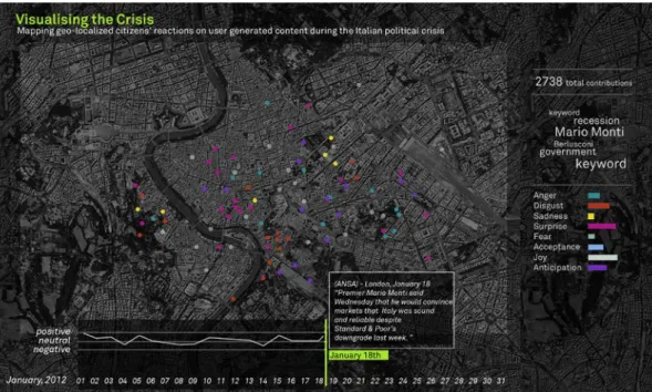 Fig. 1 Visualizing the crisis. Geo-located UGC and related emotions shared within the  city of Rome on January 18th, 2012 - Visual experiment 1 