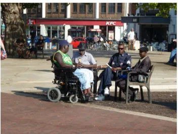 Fig. 1    Windrush Square, Brixton: Boris Johnson also benefitted  hugely from the legacy of work on public spaces conduced during the  Livingstone era, as, like the gift that keeps on giving, public space  projects continued to mature throughout the auste