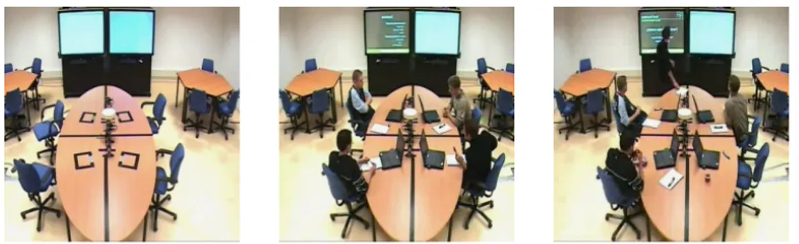 Figure 4.1: Images from video clips corresponding with the classes Empty (left), Meeting (center) and Presentation (right)