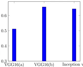 Figure 4.4: Accuracy scores of CNN training. VGG16(a) uses the VGG16 model with random weights, VGG16(b) uses the same model with pre-trained weights from the imagenet dataset, and Inception V3 uses the Inception model with pre-trained imagenet weights.
