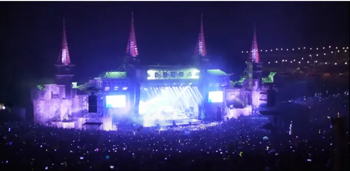 Fig. 2.1, Syn på Gorillaz scen under Feel Good Inc. (00:26) (Boomtown Fair 2018) ‘Feel Good Inc’ LIVE at  Boomtown Fair Festival 2018, (Boomtown Fair 2018), UK 