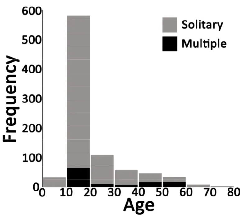 Figure 2. Distribution of IBCs according to age (for the cases which the patients’ precise age were informed, n=868)