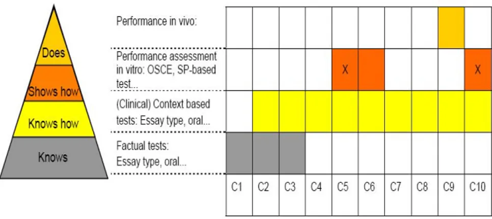 Figure 4. Main characteristics of summative assessment (x scientific project) at the  closure of each course (C) according to ‘Climbing the Pyramid’ (Miller GE