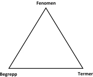 Figur 1: Ogdens triangel är en klassisk figur som illustrerar förhållandet mellan ett begrepp,  de ord och termer som namnger begreppet och det eller de fenomen som begreppet gör uttryck  för (Segesten 2006, s