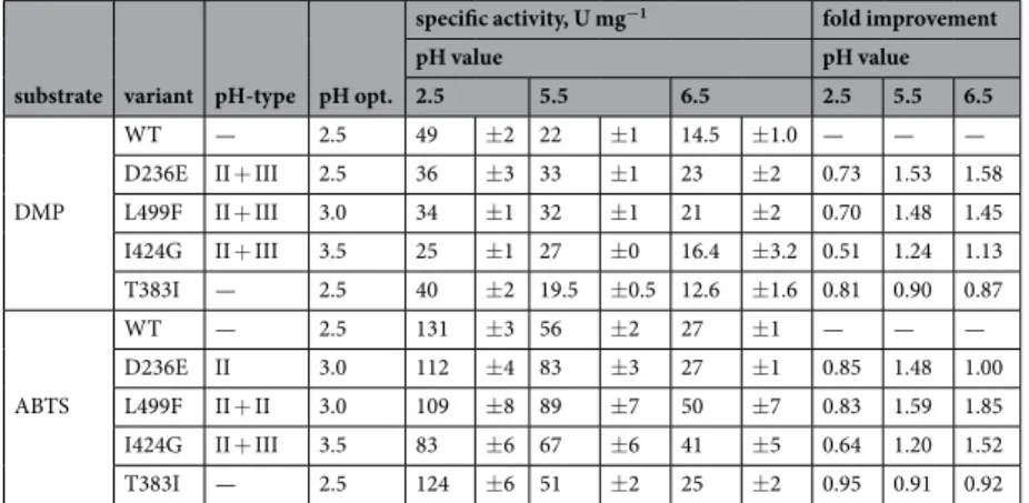 Table 3.  Specific activities and improvement related to BaL WT variants with DMP and ABTS as substrates