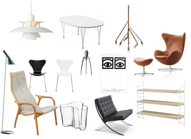 Figur 2 Kollage: Exempel på möbler och andra inredningsdetaljer som i Sverige anses vara  designklassiker och bära på status
