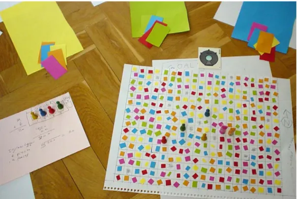 Figure 12: Play-testing paraphernalia. To the left is the” random order handler”,  the current order of the pieces indicates the order of execution