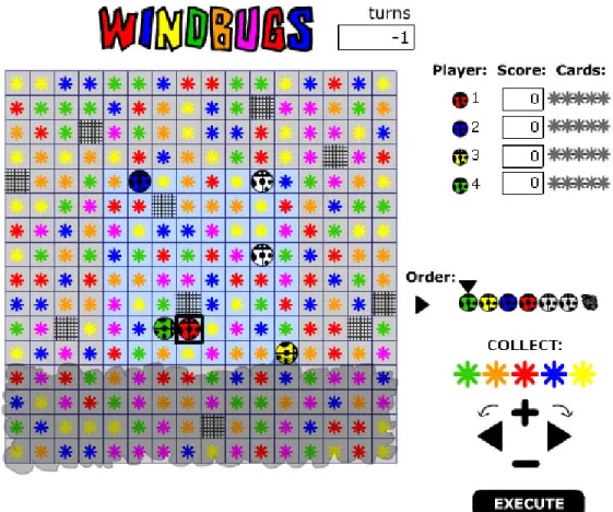 Figure 13: Wind Bugs. This game has just begun. Player 4 (green) is moving first.  From “collect:” downward to the right is the mobile phone interface