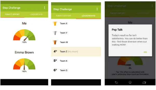Figure 2.  Status and pep talk screen shots from step challenge application. 