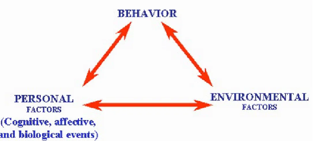 Figur 1. Övergripande bild av SCT och relation mellan beteende, miljöfaktorer och per- per-sonliga faktorer (kognitiva, affektiva och biologiska)
