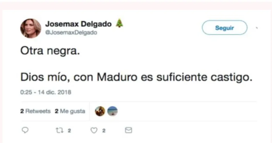 Illustration 4: Example of a tweet by an anonymous person following the results of the most recent edition of the Miss Venezuela pageant: &#34;Another negress