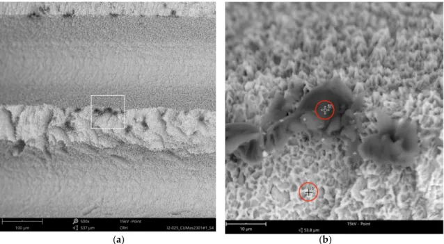 Figure 6. AS Implant (Cumdente) with organic particles (10–50 µm) at the implant shoulder: (a)  systematic contamination of exposed threads, red marked area of Figure 5 in 500×; (b) magnification  (5000×) of white marked area in the left image