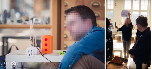 Fig. 1    (Left) Reflecting on the button’s network affiliations using ‘thread’ as metaphor (© 2019 Lifeshots Photography); (right) participants  enacting a scenario of a ‘bomb detonation’ with the connected button