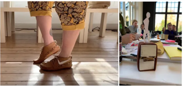 Fig. 2    (Left) Participants role-playing different walking patterns emerging from intelligent footwear; (right) a prototype representing a repository  of the historical, generational data embodied in a pair of shoes