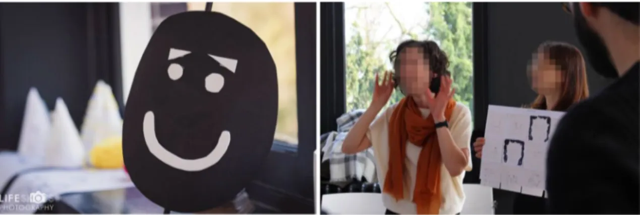 Fig. 4    (Left) A prototype of the concealment mask (© 2019 Lifeshots Photography); (right) participants describing the storyboard of the teenage  son obscuring surveillance data using the tactical mask