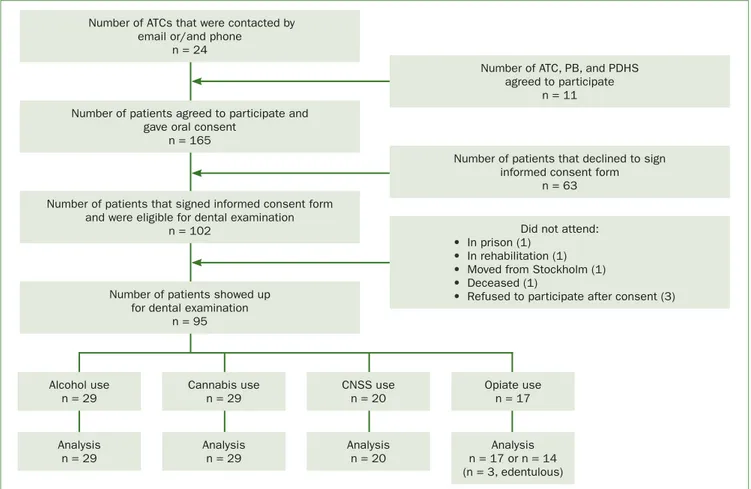 Fig 1    Flow chart of participation in the clinical examination. ATCs = Addiction Treatment Centers; PB = Pelarbacken; PDHS = Public Dental  Health Service; CNSS = central nervous system stimulants (amphetamine, cocaine and khat).