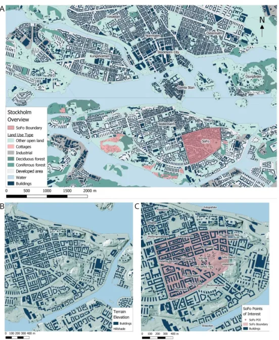 Figure 1: Overview of Stockholm and the location of the SoFo district in Södermalm. A) Central Stockholm  and its districts
