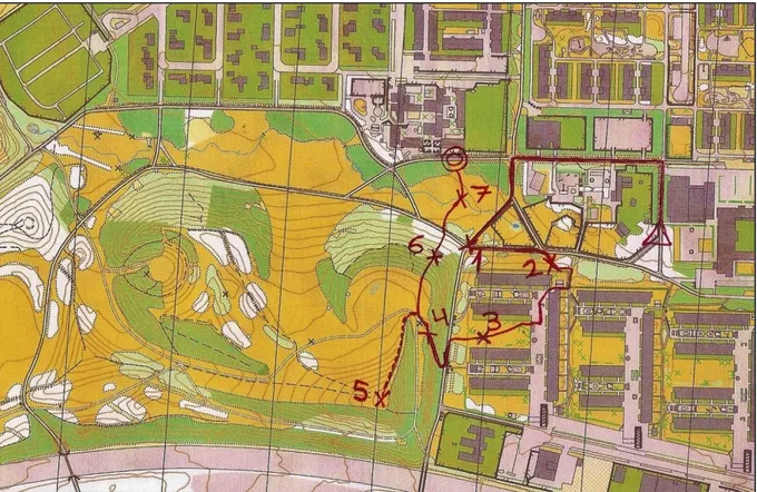 Figur 2: Linjeorienteringen i samband med observation med de 6 kontrollpunkter som eleverna skulle  markera ut på sin karta.