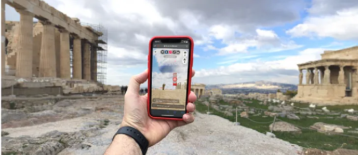 Figure 4: Mockup of the on-site scenario. A visitor uses the application while standing on the Acropolis.(Background from  Google Streetview).