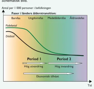 Figur 1:2. Den demografiska transitionen och ålderstransitionen samt deras koppling till  migration