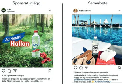 Figur 1. Sponsrat inlägg i jämförelse med samarbete mellan influencer och företag 