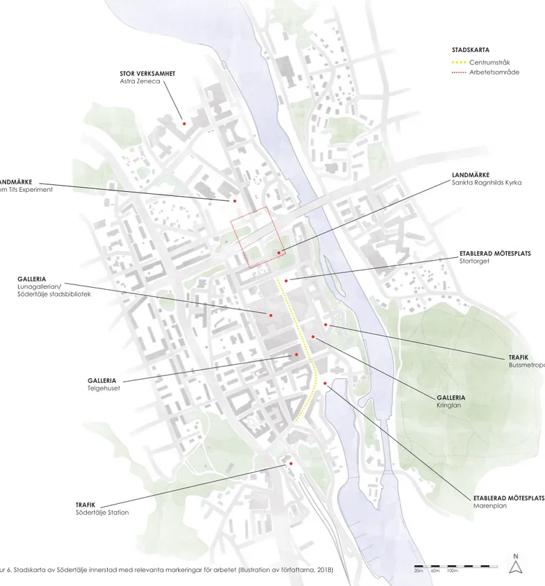 Figur 6. Stadskarta av Södertälje innerstad med relevanta markeringar för arbetet (Illustration av författarna, 2018)