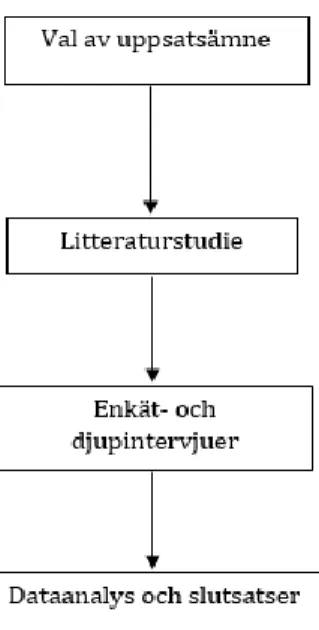 Figur 6. Illustrerande sammanfattning av  flödet  i  vår  arbetsprocess.  Här ses  flödet  av aktiviteter i vår vetenskapliga  arbetsprocess