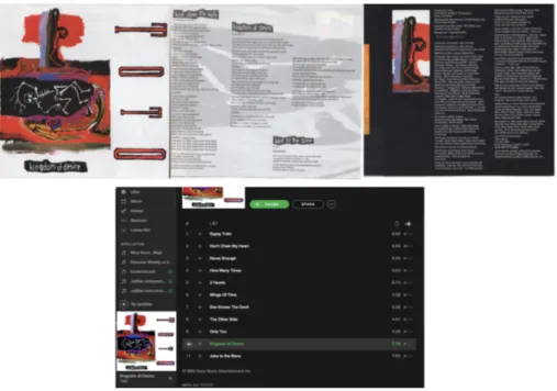 Figur 1. Jämförelse mellan presentation av Toto’s album Kingdom of Desire. Utdrag  ur CD-häfte (ovan) samt skärmdump av Spotifys visuella presentation (nedan) 4