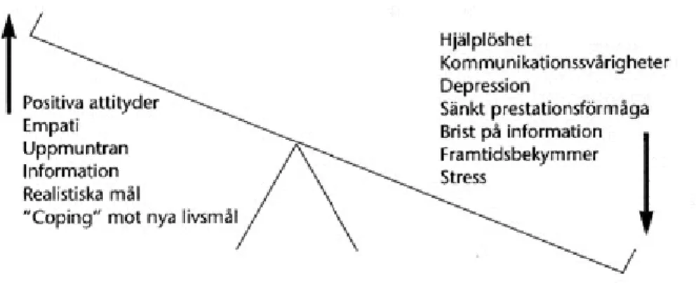 Figur 1. Patientens psykosociala reaktioner kan liknas vid att befinna sig på ett  gungbräde